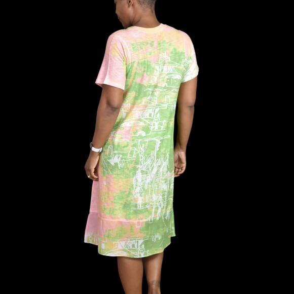 Inoah Dress Green Jersey T Shirt Lagenlook Doodle Print Artsy Pastel Size Small - Picture 2 of 13
